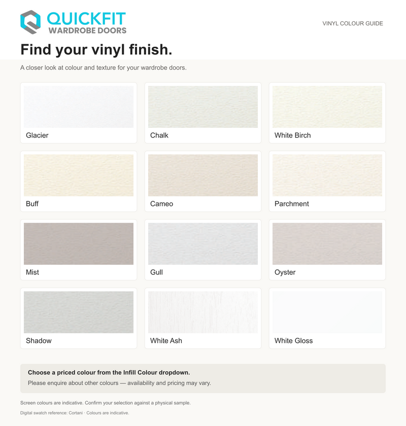 QuickFit vinyl colour guide with twelve named finishes